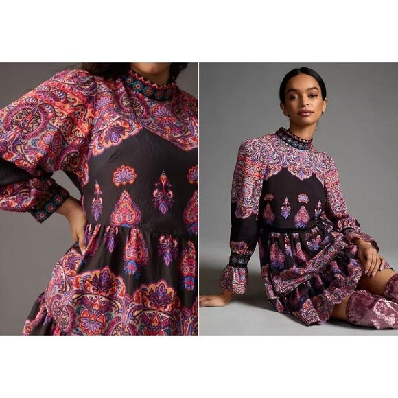 Anthropologie Women's Tiered Mix Print Mini Dress Multi Color Sz 4 - Picture 9 of 13